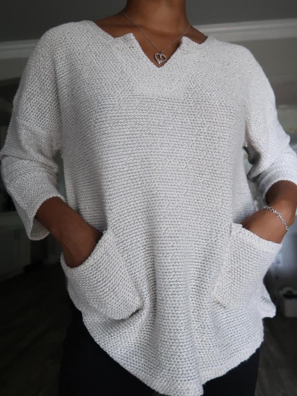 Everyday V-Neck Pocket Knit Sweater in Cream